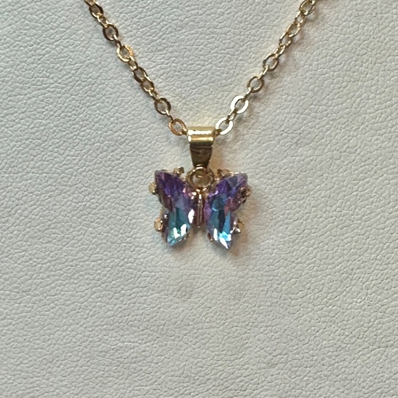 Gold Tone Mystic Glass Crystal Butterfly Pendant - Picture 12 of 16